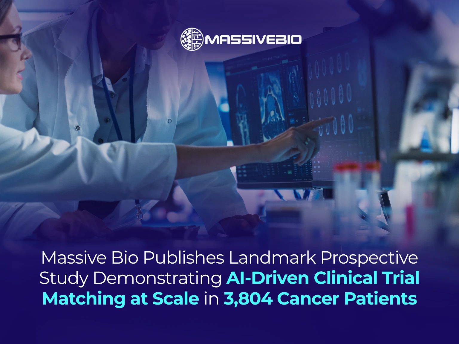 Massive Bio oncologists reviewing AI-assisted clinical trial matching data on medical monitors, representing the landmark ESMO study across 3,804 cancer patients.