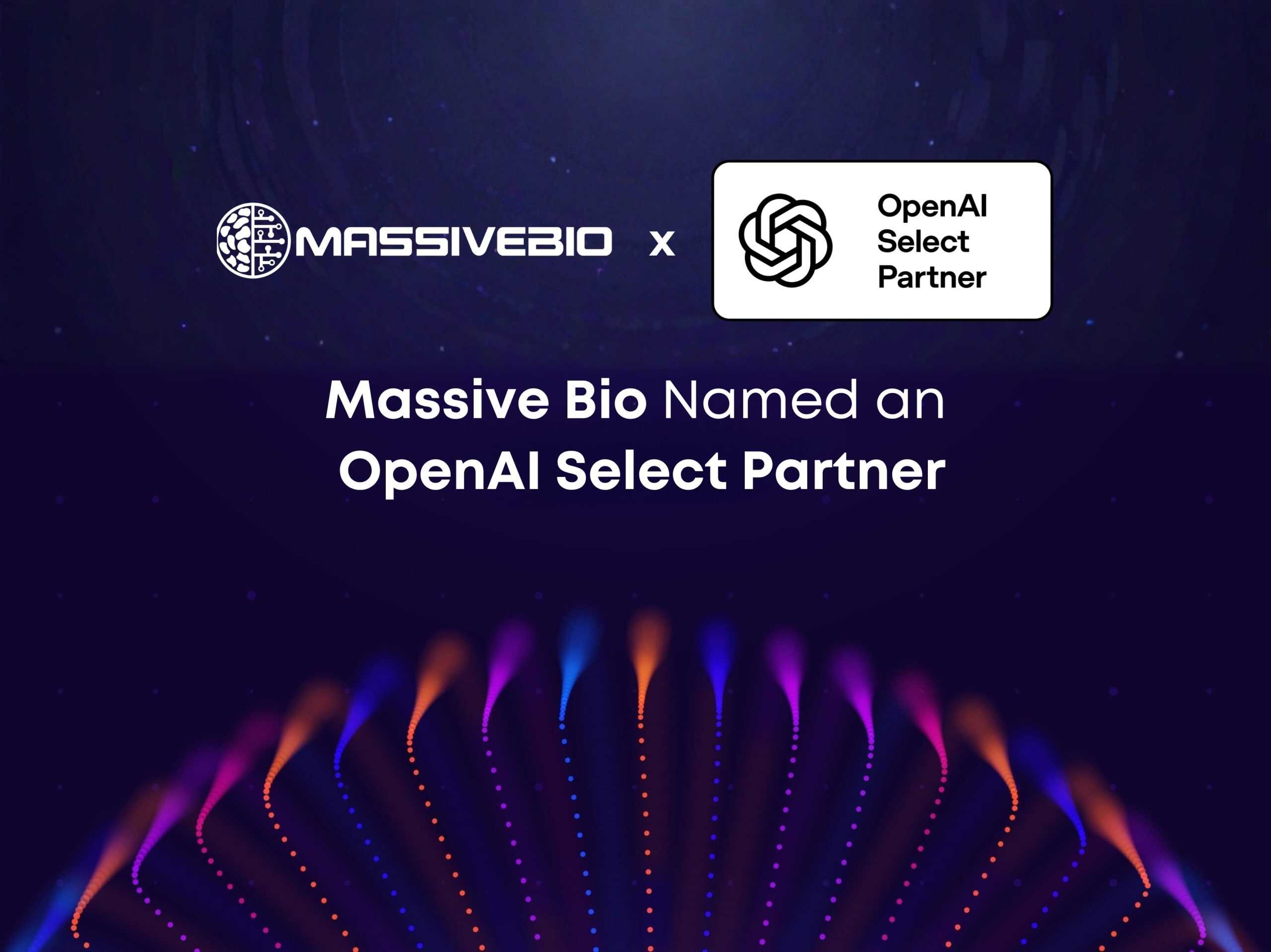 Dark purple graphic with the Massive Bio logo and an OpenAI Select Partner badge side by side, above the headline "Massive Bio Named an OpenAI Select Partner," with colorful abstract light trails rising from the bottom of the image.